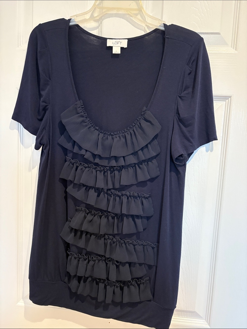 LOFT Navy Ruffle Front Short Sleeve Blouse